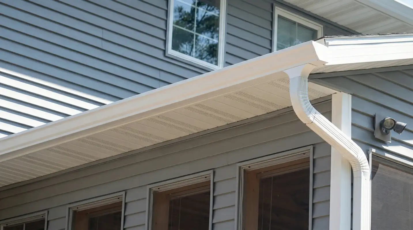 Professional home remodeling project showing newly installed white seamless gutters and downspouts on a house with gray siding in Cleveland, OH