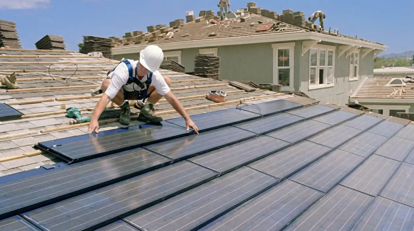 Roof replacement expert installing modern solar shingles on a residential home in Cleveland, OH