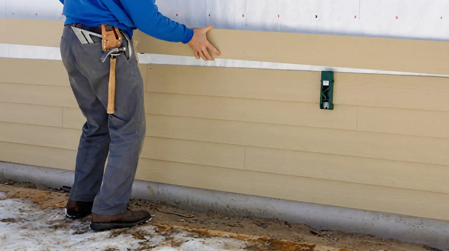 Siding replacement expert carefully aligning a new tan siding panel onto a residential exterior wall in Cleveland, OH