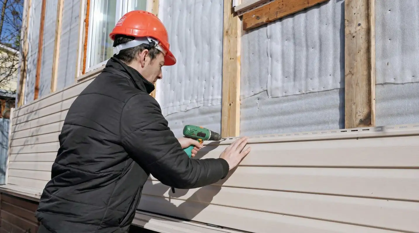 Siding replacement professional using a power drill to install new tan vinyl siding on a home exterior in Cleveland, OH