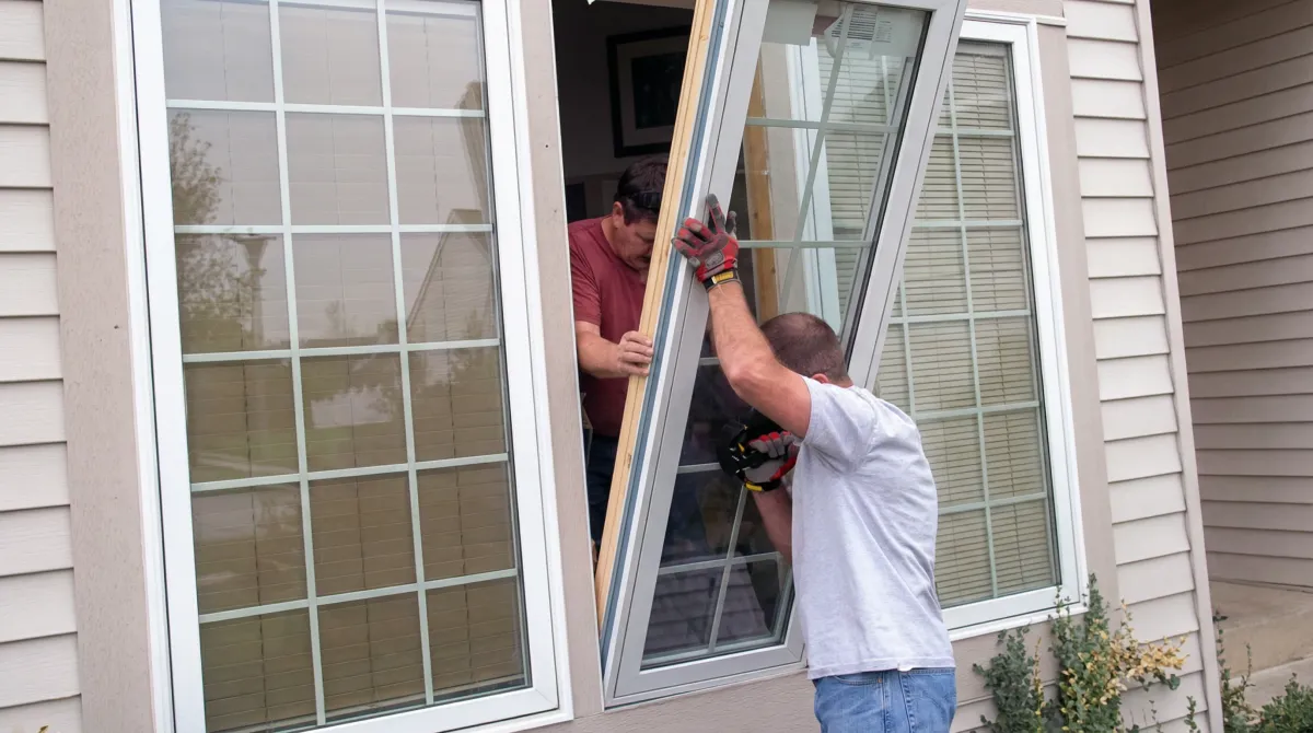Professional home remodeling team installing a large replacement window on a house with tan siding in Cleveland, OH