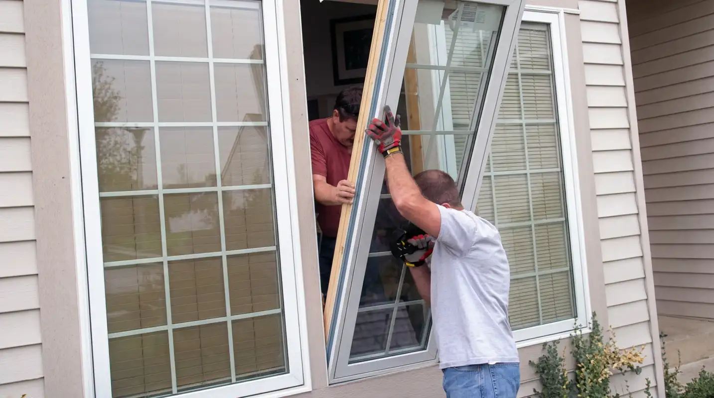 Professional home remodeling team installing a large replacement window on a house with tan siding in Cleveland, OH